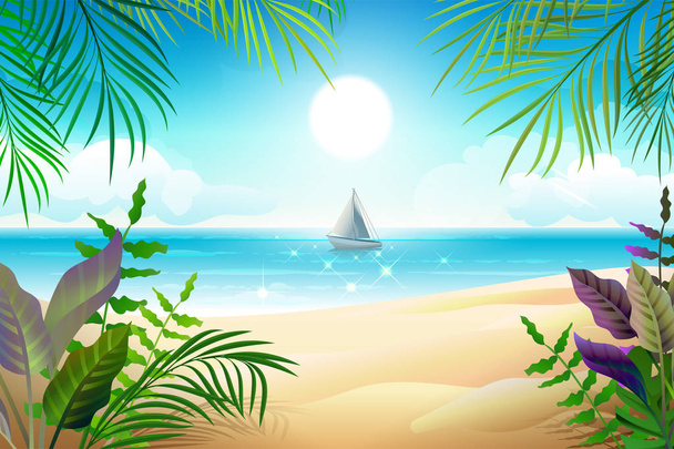 Cennet tropikal plaj manzara. Kıyı şeridi, palmiye yaprakları, mavi deniz ve gökyüzü - Vektör, Görsel