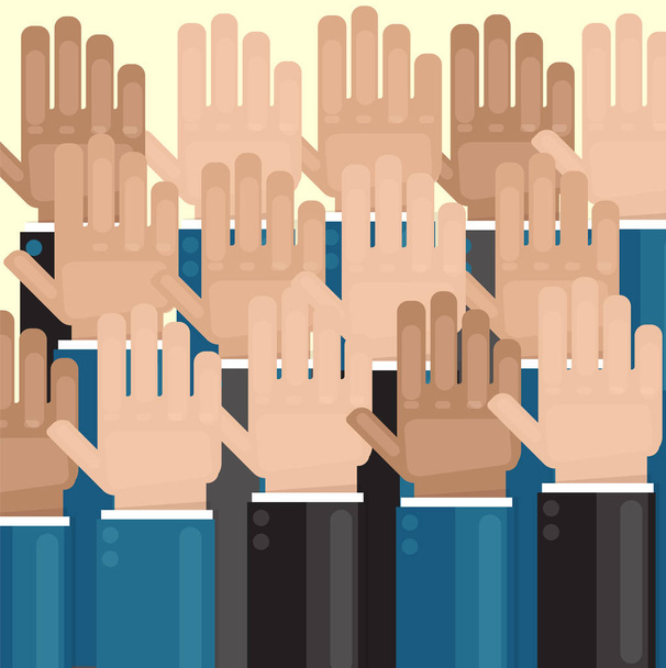 Vote. Hands are raised. Elections or greetings. Hands of different colors. Business concept. Vector images - Vettoriali, immagini