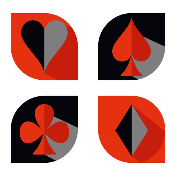 Conjunto de símbolos de símbolo de juego de cartas vectoriales. Rojo y negro plano. Corazones, Espadas, Diamantes, Clubes
. - Vector, Imagen
