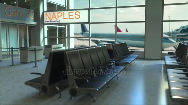 Naples lotu na pokład teraz w terminalu lotniska. Podróż do animacji koncepcyjny wstęp Włochy - Materiał filmowy, wideo