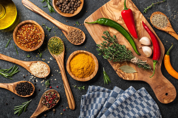 Cooking table with spices and herbs - Φωτογραφία, εικόνα