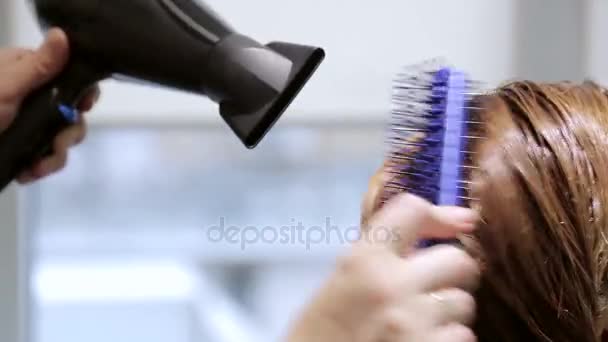 Kobieta w salonie kosmetycznym wysusza włosy suszarką do włosów - Materiał filmowy, wideo