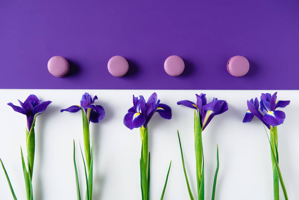 top view of iris flowers with macaron cookies on purple and white surface - Photo, Image