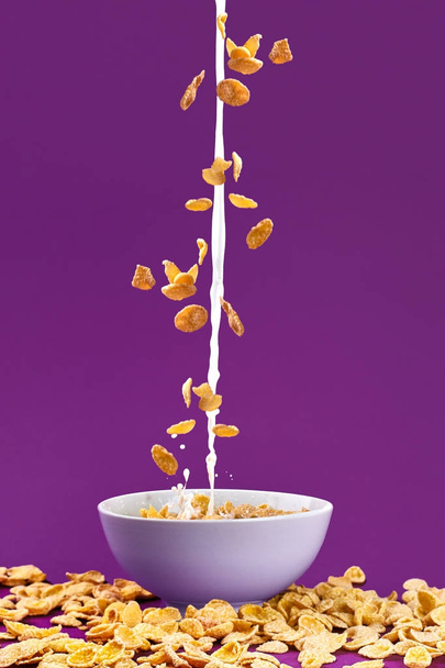 Falling granola with milk splash in bowl. Healthy breakfast ingredients. Flying food - Fotó, kép