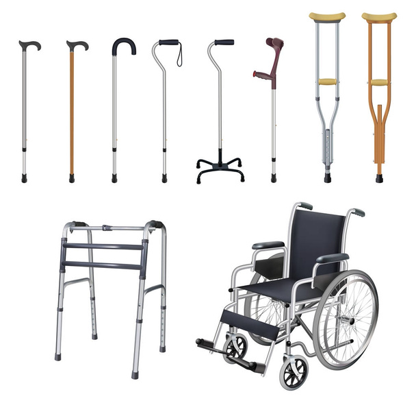 Tekerlekli sandalye, baston, koltuk değneği, yürüyüşe. Ulaşım kas-iskelet sistemi hastalıkları olan kişiler için özel tıbbi yardımcı araçlar kümesi. Beyaz arka plan üzerinde gerçekçi nesneler. Vektör çizim. - Vektör, Görsel