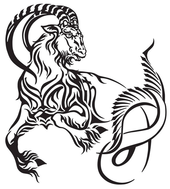 signo do zodíaco do capricórnio. Criatura mitológica estilo tatuagem tribal. Cabra marinha astrológica, incluindo símbolo de planeta saturno. Ilustração vetorial em preto e branco
 - Vetor, Imagem