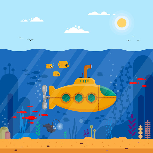 Yellow submarine with periscope underwater concept. Marine life with fish, coral, seaweed, colorful blue ocean landscape. Bathyscaphe template for banner, poster or flyer cover - flat vector - Вектор, зображення