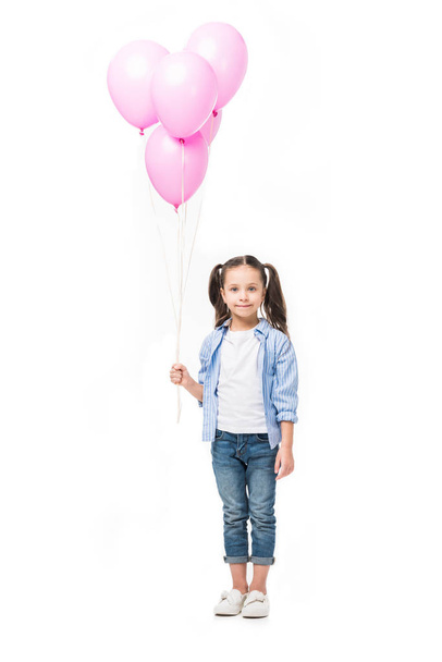 adorable little kid with pink balloons isolated on white - 写真・画像