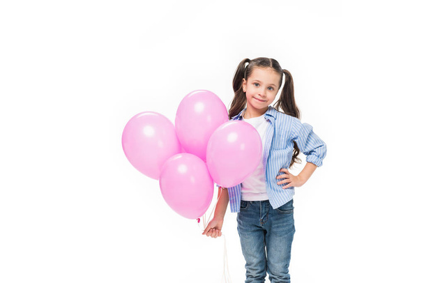 portrait of adorable little kid with pink balloons isolated on white - Valokuva, kuva
