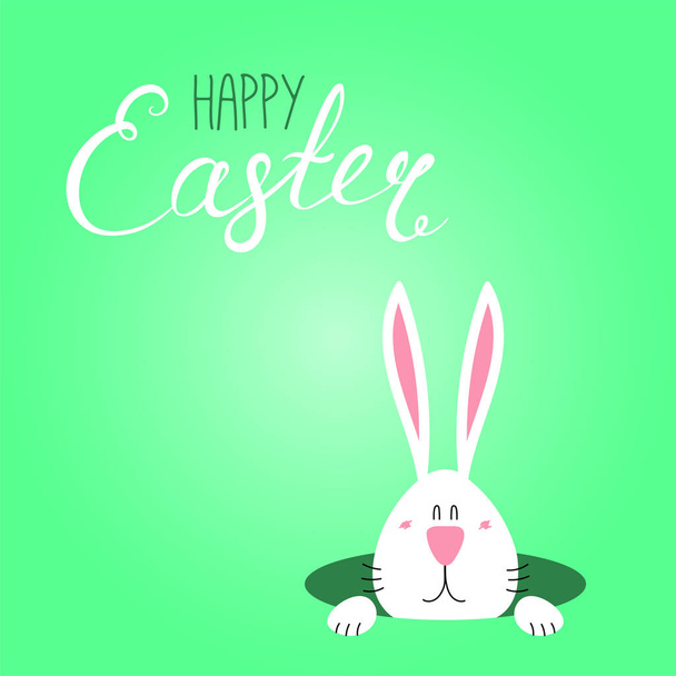 greeting card with hand drawn cute cartoon bunny looking from hole and Happy Easter text, vector, illustration - Vector, Image