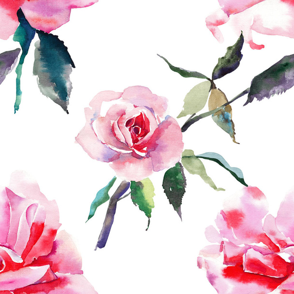 Beautiful tender gentle sophisticated wonderful lovely cute spring floral herbal botanical red powdery pink roses with green leaves pattern watercolor hand sketch. For greetings card, textile, wallpapers.  - Fotoğraf, Görsel