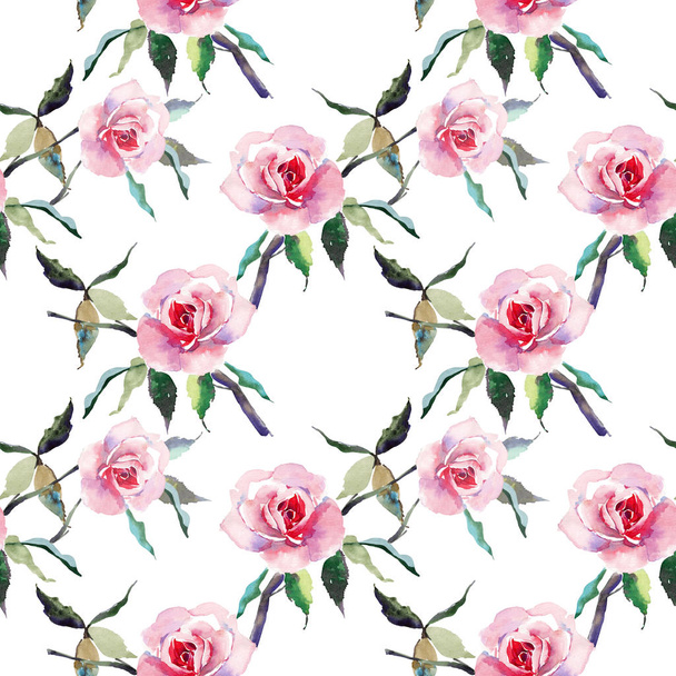 Beautiful tender gentle sophisticated wonderful lovely cute spring floral herbal botanical red powdery pink roses with green leaves pattern watercolor hand sketch. For greetings card, textile, wallpapers.  - Photo, image
