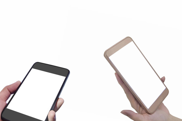 Mano celebración de teléfonos inteligentes con pantalla en blanco sobre fondo blanco, idea de texto de entrada
 - Foto, Imagen