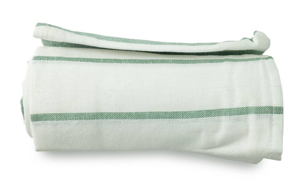 Utensílio de cozinha, guardanapo branco e verde, serviette ou toalha de cozinha isolada em fundo branco
. - Foto, Imagem