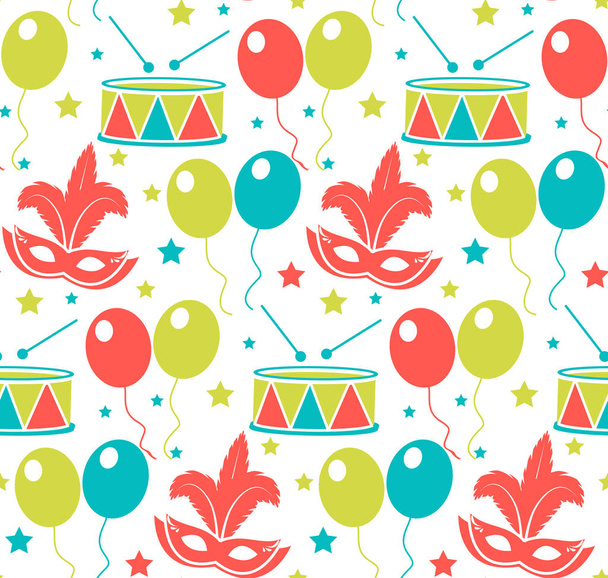 Carnival seamless pattern. Purim repetitive texture. Holiday, masquerade, festival, birthday party. Endless background, backdrop, wallpaper, paper. Vector illustration. - Vector, Image