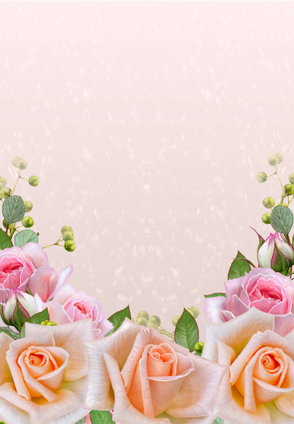 Floral background. Greeting vintage postcard, pastel tone, old style. Flower arrangement of pink roses. - Valokuva, kuva