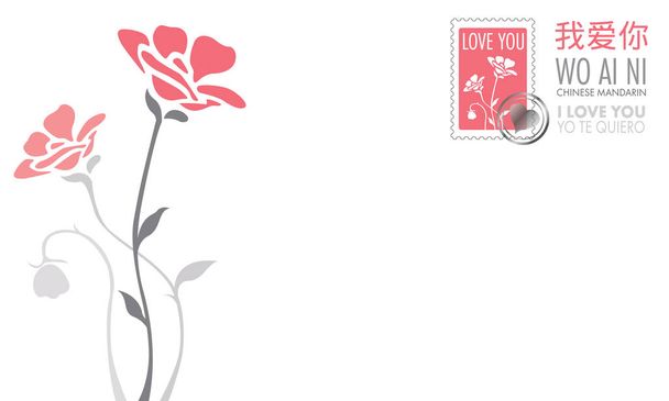 A mondat képeslap I Love You, angol, spanyol és kínai Mandarin díszített rózsaszín bélyegző és virágok rózsaszín és szürke, a háttérben. Vektor kép - Vektor, kép