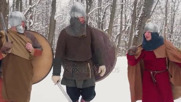Guerrieri medievali franchi, irlandesi, vichinghi in armatura che camminano in una foresta invernale con scudi spade
 - Filmati, video