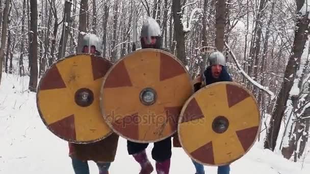 Μεσαιωνική φράγκικο, ιρλανδική, πολεμιστών Βίκινγκ σε πανοπλία, καταπολέμηση της σε ένα δάσος του χειμώνα με ξίφη ασπίδες - Πλάνα, βίντεο