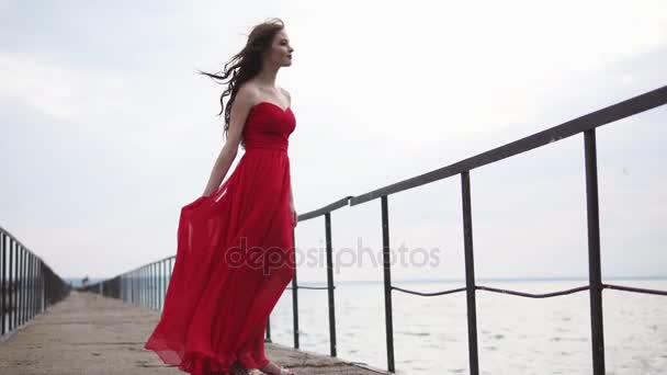 giovane donna in abito rosso è in piedi su un ponte vicino al mare
 - Filmati, video