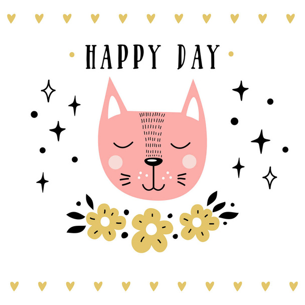 Vector card with cute cat. Illustration for childrens prints, greetings, posters, t-shirt, packaging, invites. Cute animal. Postcard with happy day text. - Vector, Image