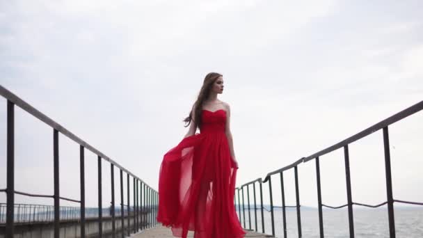 長い赤いドレスに身を包んだ、桟橋に立っている若い、ロマンチックな女性 - 映像、動画
