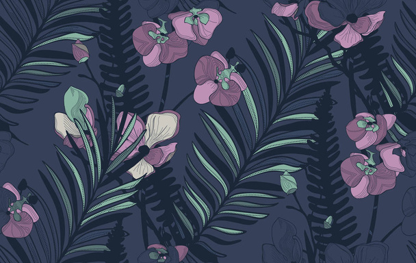 Vector Seamless Pattern with Drawn Flowers and Leaves - Vecteur, image