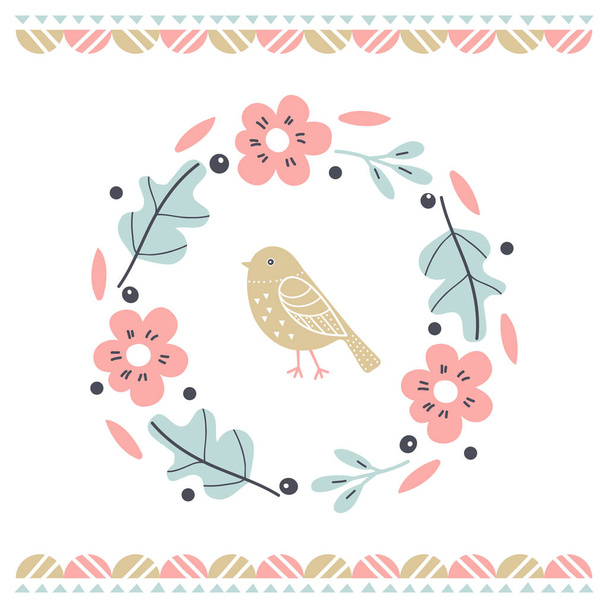 Postcard with wreath and cute bird. Illustration for childrens prints, greetings, posters, t-shirt, packaging, invites. Vector illustration. - Vector, Imagen