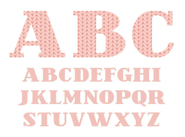 Knitted font, English, alphabet, vector, pink. Capital letters of the English alphabet. Letters with serifs. Simulation of knitted fabric in pink colour. Vector picture.  - Вектор,изображение