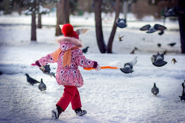The girl in the park runs disperses pigeons in the winter - Photo, Image