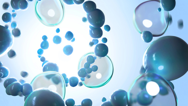 3D-rendering close up van microscopische cellen vliegen in een spiraal naar helder licht. Abstracte deeltjes medische achtergrond. Blauwe tinten. - Foto, afbeelding