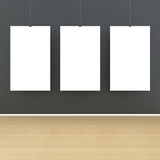 Maquette salle, blanc trois affiches sur mur noir rendu 3D
 - Photo, image