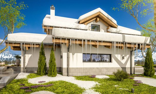 3D vykreslování jara moderní útulný dům ve stylu horské chaty  - Fotografie, Obrázek