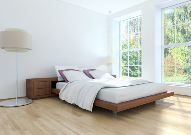 Σύγχρονο κρεβάτι φωτεινό δωμάτιο εσωτερικούς χώρους 3d rendering εικονογράφηση - Φωτογραφία, εικόνα