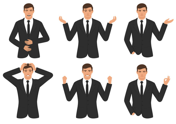 ilustracja wektorowa wyrażeń znaków człowiek, z rąk gest, kreskówka biznesmen wit różnych emocji  - Wektor, obraz