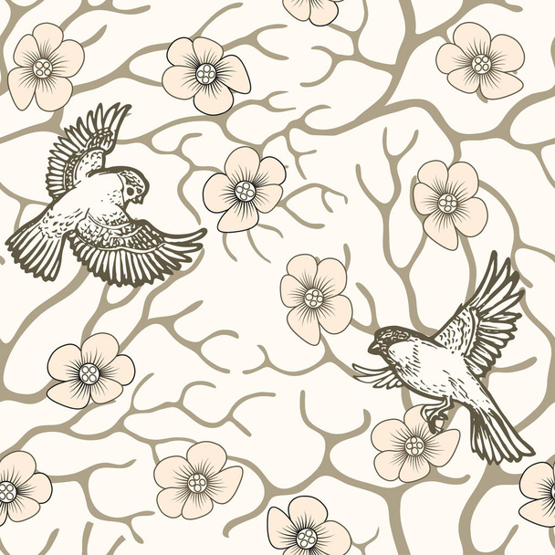 sakura blossom and birds seamless pattern  - ベクター画像