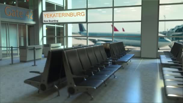 Αικατερινούπολη: πτήση επιβίβαση τώρα στο terminal του αεροδρομίου. Ταξιδεύοντας στη Ρωσία εννοιολογικός κινούμενα σχέδια, 3d rendering - Πλάνα, βίντεο