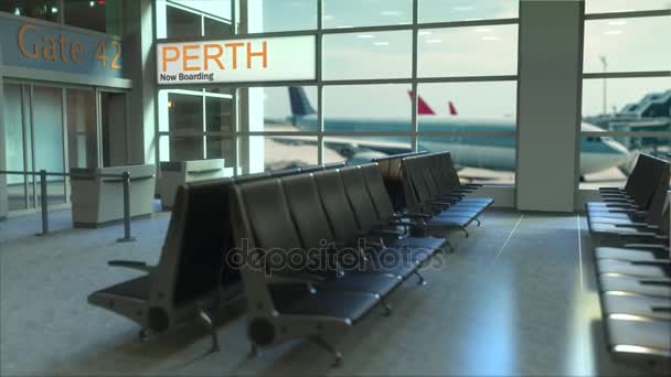 Περθ πτήση επιβίβαση τώρα στο terminal του αεροδρομίου. Ταξιδεύοντας στην Αυστραλία εννοιολογικός κινούμενα σχέδια, 3d rendering - Πλάνα, βίντεο