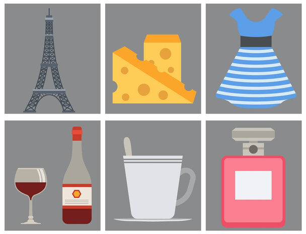 Parijs iconen vector beroemde reizen keuken traditionele moderne Frankrijk Cultuur Europa eiffel mode ontwerp het platform symbolen illustratie. - Vector, afbeelding