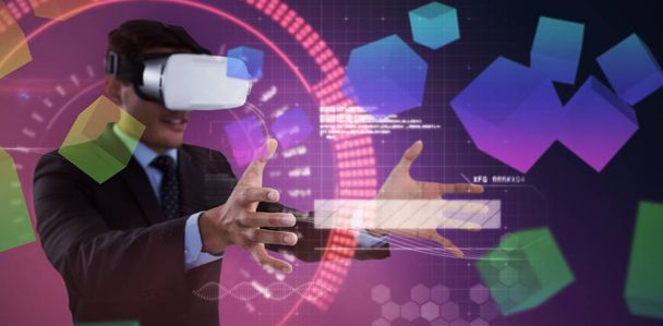 Smiling businessman gesturing while using vr glasses against composite image of face - 写真・画像