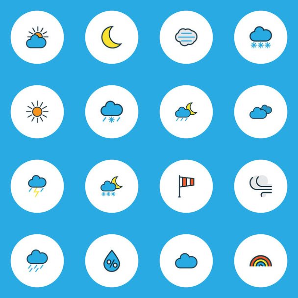 Цветная линия воздушных икон с лунным, облачным днем, снегопадом и другими элементами грозового удара. Изолированные векторные иконки воздуха
. - Вектор,изображение