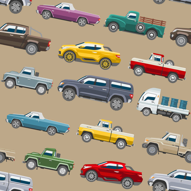 Pickup car vector seamless pattern auto delivery transport pick up offroad automobile vehicle or truck and mockup citycar background illustration backdrop - Vector, Image