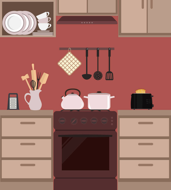 Fragment of a kitchen interior in brown color. There is a kettle and pan on the stove, also toaster, a jar with kitchen utensils and other objects in the picture. Vector flat illustration - Vector, Image