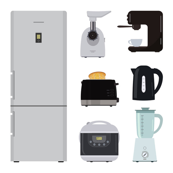 Set of kitchen equipment on a white background. There is a refrigerator, meat grinder, toaster, crock pot, kettle, blender and coffee machine in the picture. Vector illustration - Διάνυσμα, εικόνα