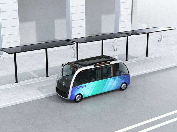 Αυτο-οδήγηση μεταφοράς με λεωφορείο σας περιμένει στο σταθμό των λεωφορείων. Η στάση του λεωφορείου, εξοπλισμένο με ηλιακούς συλλέκτες για την ηλεκτρική ενέργεια. εικόνα απόδοση 3D. - Φωτογραφία, εικόνα