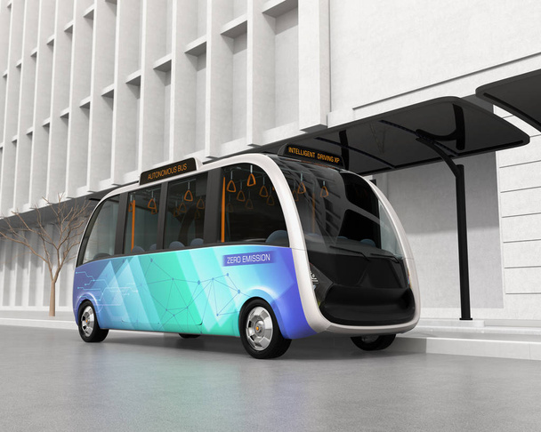 Własny jazdy busem czeka na dworcu autobusowym. Dworzec autobusowy, wyposażone w panele słoneczne na energię elektryczną. 3D renderowania obrazu. - Zdjęcie, obraz