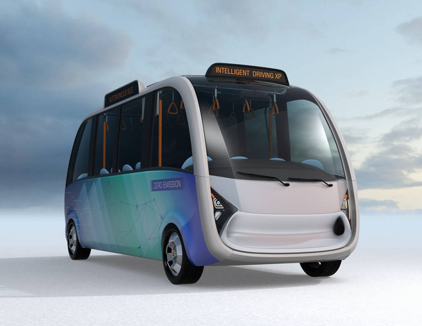 自律送迎バスの正面。公共交通機関システムの概念のためのオリジナル デザイン。3 d のレンダリング画像. - 写真・画像