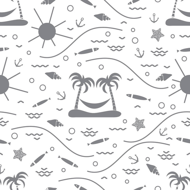 Cute seamless pattern with fish, island with palm trees and a ha - Вектор,изображение