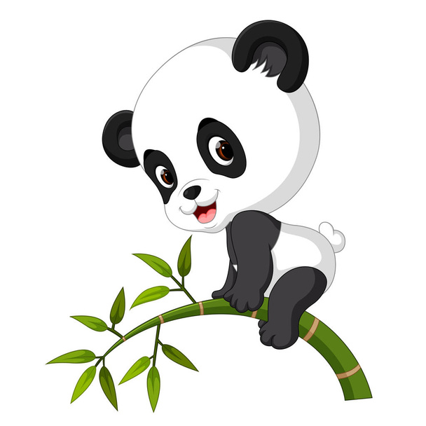 Cute funny baby panda hanging on the bamboo - Вектор, зображення