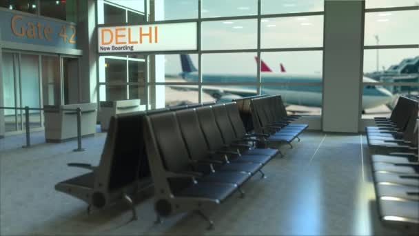Delhi lotu na pokład teraz w terminalu lotniska. Podróż do Indii koncepcyjny wstęp animacji, renderowania 3d - Materiał filmowy, wideo